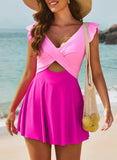 Women's One Piece Swimsuit Ruffle Cutout Swimdress Tummy Control V Neck Wrap Swimwear-Rose