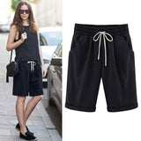 Women's Elastic Waist Knee Length Casual Cotton Bermuda Shorts with Drawstring