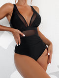 Women Plus Size One Piece Swimsuit V Neck Mesh Sheer Tummy Control Bathing Suit
