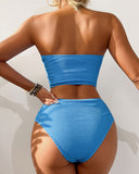 Women Bandeau High Waisted Bikini Sets Smocked Swimsuit Strapless Two Piece Bathing Suit Swimwear Beachwear
