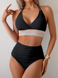 Two Piece High Waisted Bikini Sets Tummy Control Color Block Suspender Swimwear