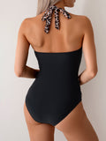 Women One Piece Swimsuit Leopard Splicing Halter V Neck Sexy Tummy Control Push Up Swimwear Back Tie Bathing Suit