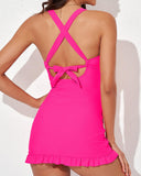 Deep V Cross-Back Ruched One-Piece Swimsuit-Pink