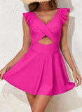 Women's One Piece Swimsuit Ruffle Cutout Swimdress Tummy Control V Neck Wrap Swimwear-Rose