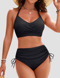 Womens High Waisted Bikini Sets Drawstring Tummy Control Swimsuits Crisscross Tie Back Bathing Suit