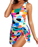 Women One Piece Swim Dress One Shoulder Swimsuit with Skirt-Color Block