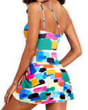 Women One Piece Swim Dress One Shoulder Swimsuit with Skirt-Color Block