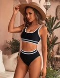 Women's High Waisted Bikini Sets Sporty Two Piece Swimsuits Color Block Cheeky High Cut Bathing Suits