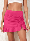 White Solid Color High Waist Pleated Skirt With One Side Tie Swim Short-Pink