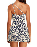 Women One Piece Swim Dress One Shoulder Swimsuit with Skirt-Leopard