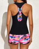 Pink Palm 3 Piece Tank Bathing Suits With Shorts And Racer back Sports