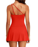 Women One Piece Swim Dress One Shoulder Swimsuit with Skirt-Red