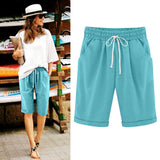 Women's Elastic Waist Knee Length Casual Cotton Bermuda Shorts with Drawstring
