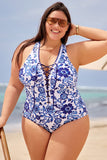 Porcelain Blue Lace Up Open Back One Piece Swimsuit DGPS1505