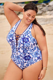 Porcelain Blue Lace Up Open Back One Piece Swimsuit DGPS1505