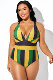 Tricolor Colorblock V-Neck One Piece Swimsuit DGPS1503