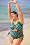 Green Check Crisscross Tie Back Drawstring One Piece Swimsuit DGPS1504