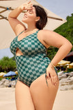 Green Check Crisscross Tie Back Drawstring One Piece Swimsuit DGPS1504