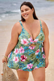 Pink Floral & Green Palm V-Neck Cutout Tankini DGPS1517