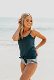 Tie Front Blouson Swim Tankini In Navy Blue